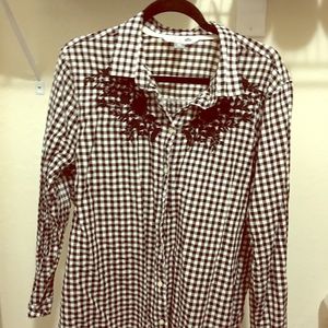 Black White Gingham Button Up Top with Embroidery